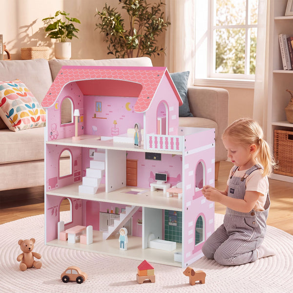 Kids Pretend Play Doll House Toy with 15 Accessories-Pink