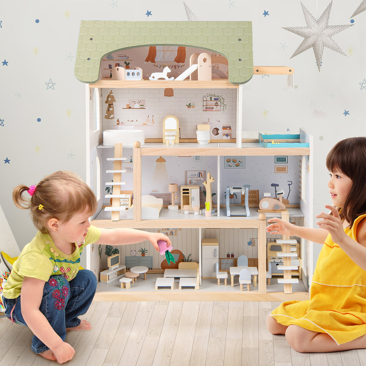 Wooden Dollhouse Kids DIY Pretend Playhouse with 33 PCS Furniture Accessories
