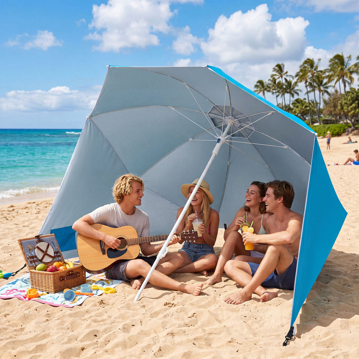 2-in-1 Beach Shelter Umbrella UPF 50+ with Side Panels for Camping Picnic