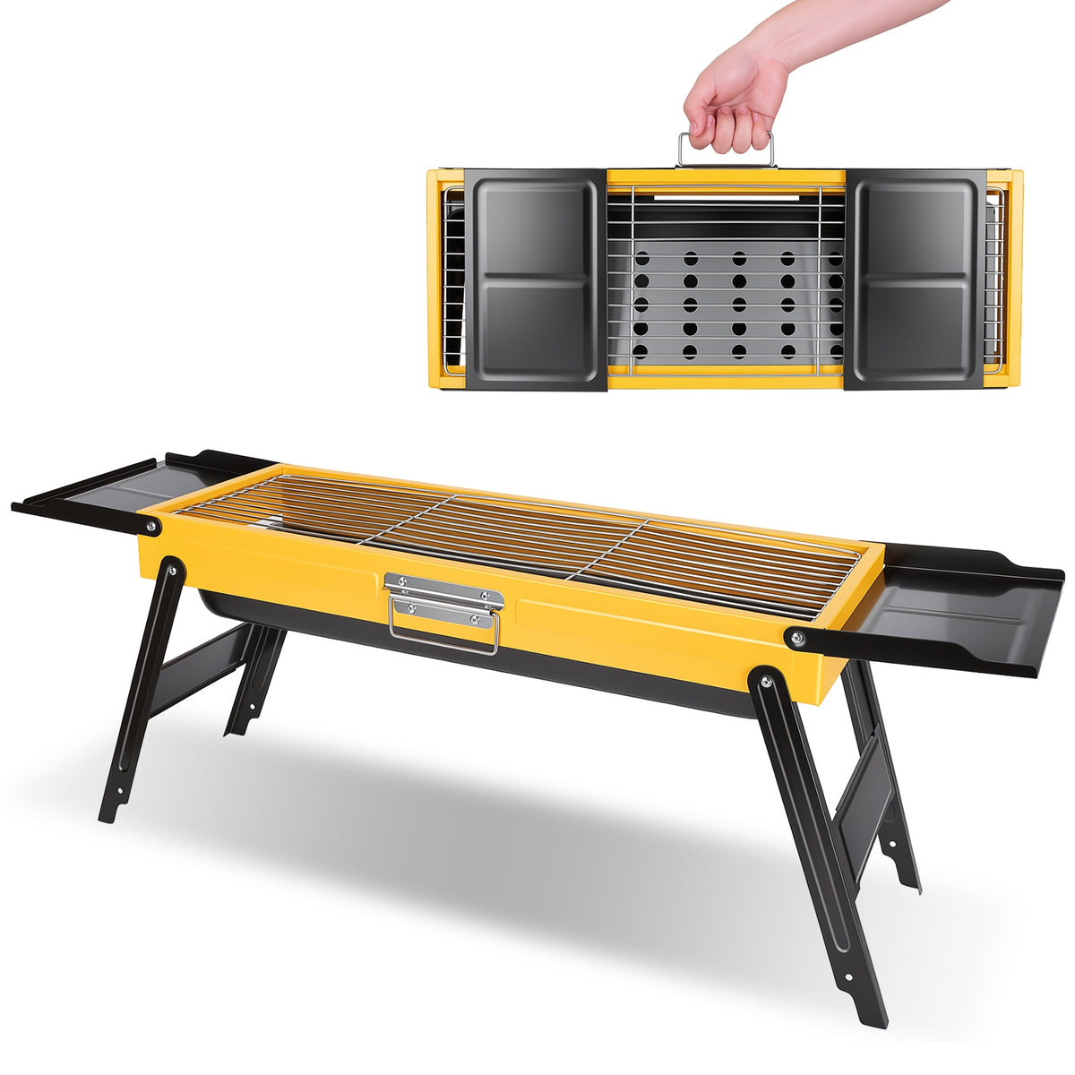 Portable Folding Charcoal Grill Stainless Steel Camping BBQ Grill with Side Panels Compact Tabletop Barbecue Grill with