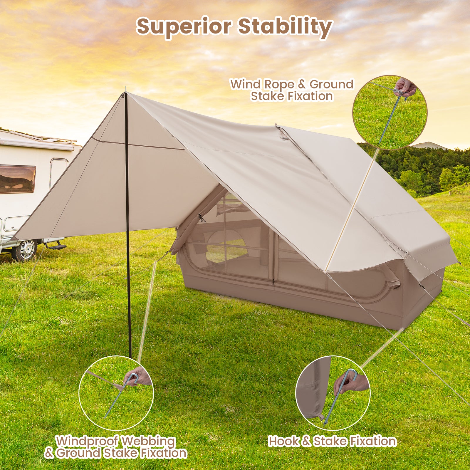 4-6 People Inflatable Camping Tent with Porch and Carrying Bag-Beige