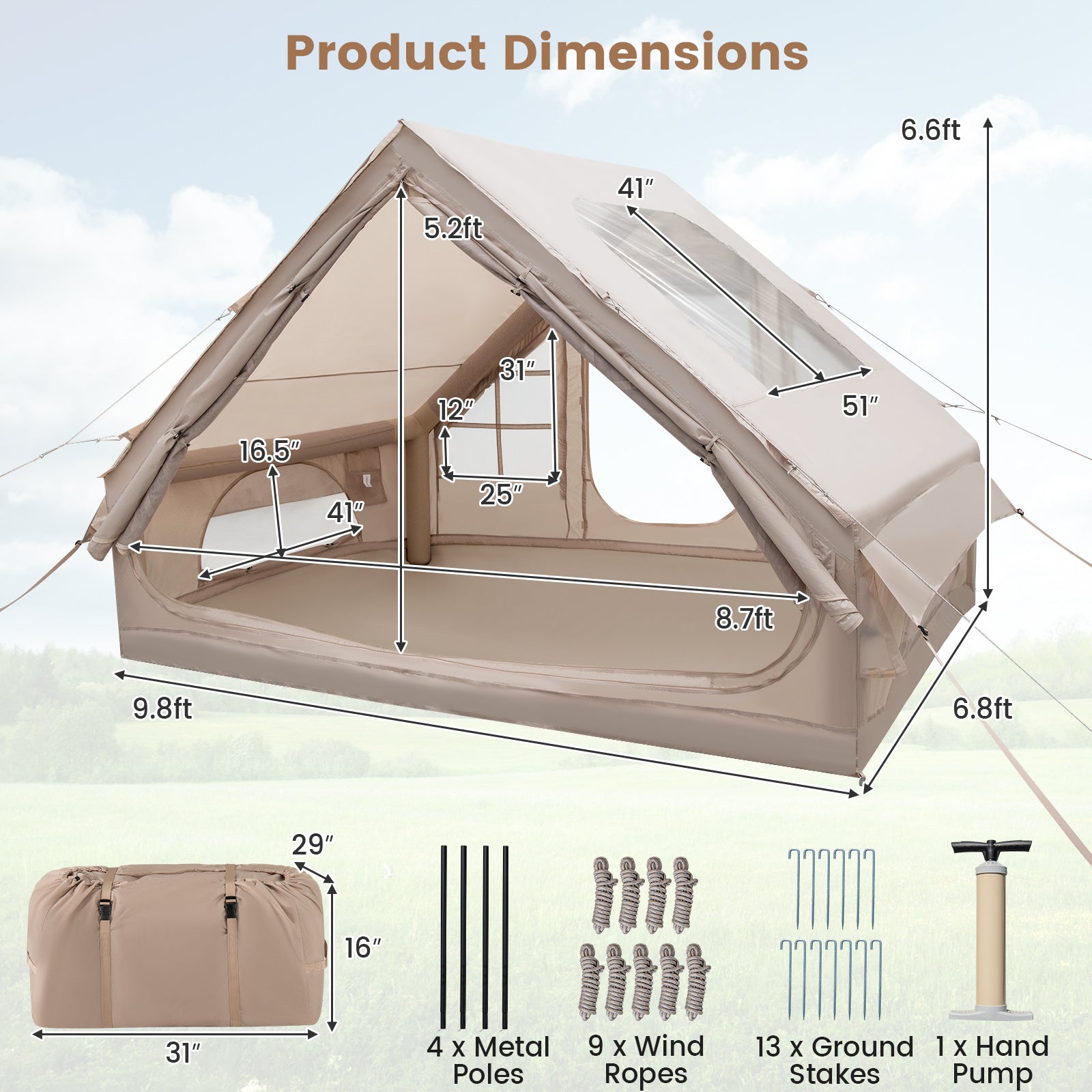 4-6 People Inflatable Camping Tent with Porch and Carrying Bag-Beige