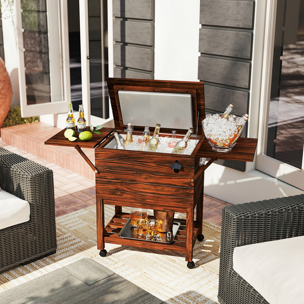 54 Quart Wooden Cooler Cart for Patio Rolling Ice Chest with Shelves-Brown
