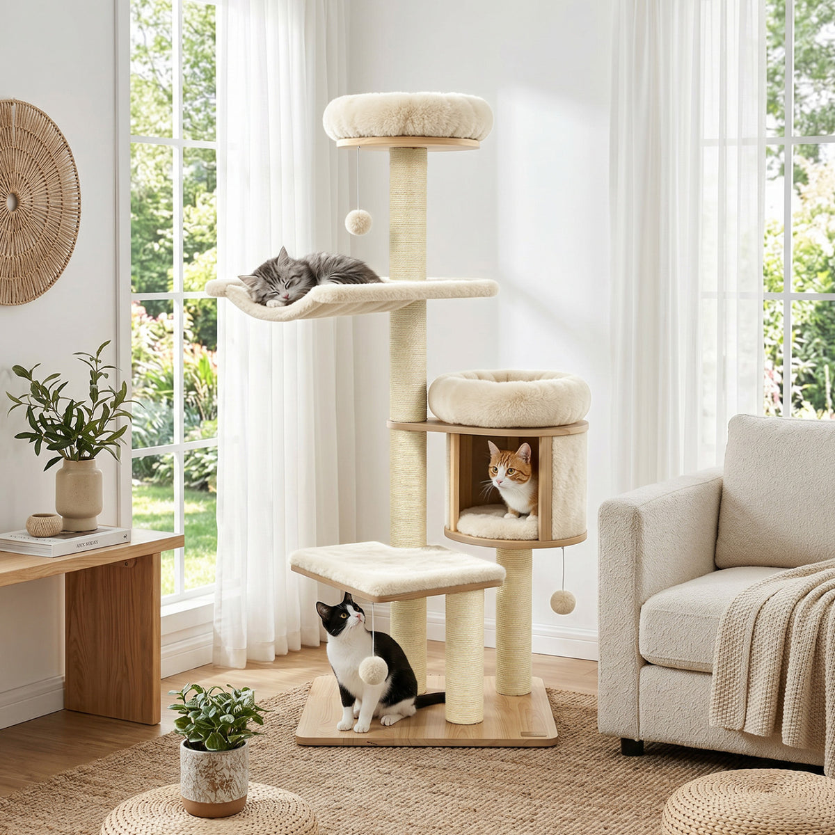 55" Solid Rubber Wood Cat Tree with Condo & Hammock and Scratching Posts for Adult Cats