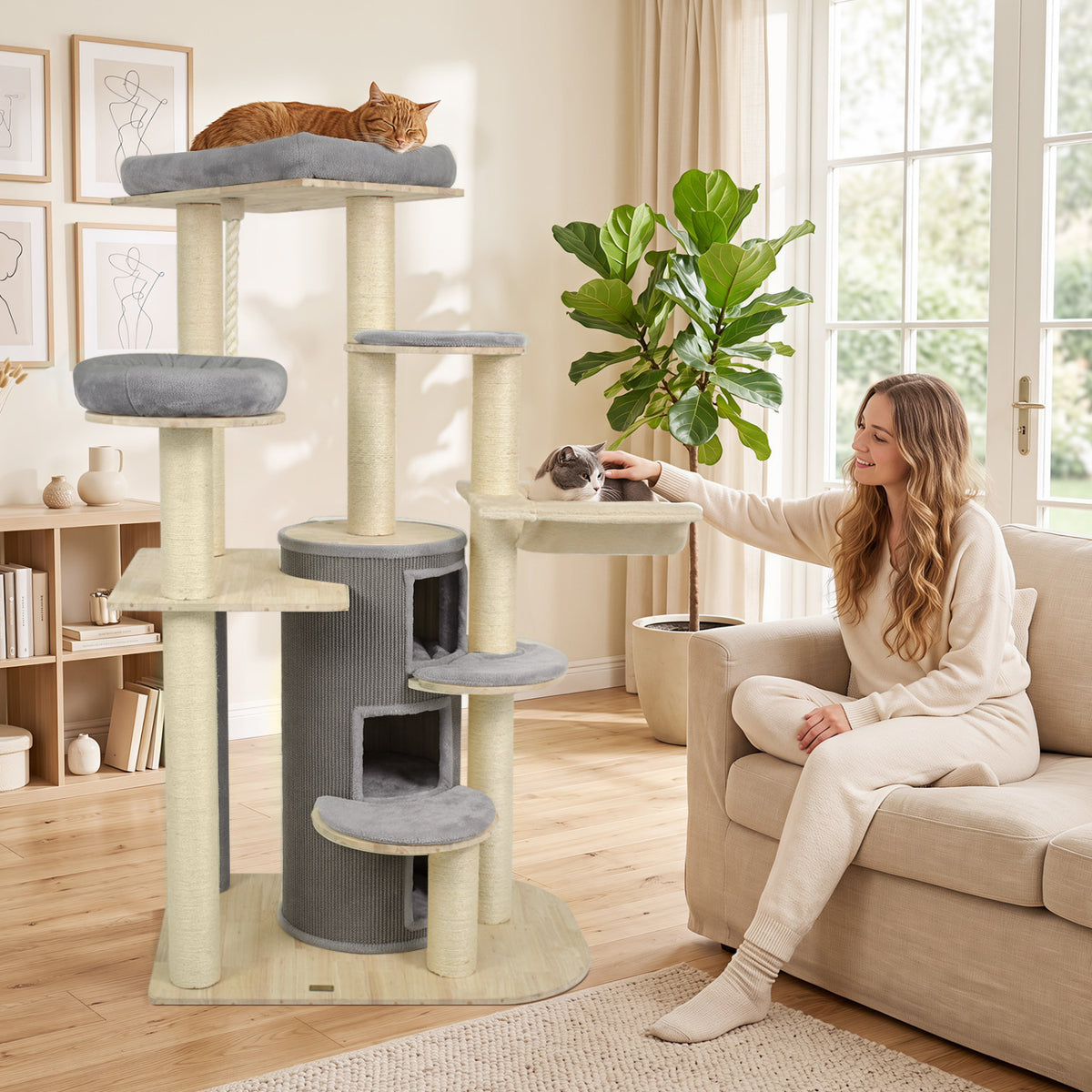 68 Inch Wooden Cat Tree with 3-Story Condo and Hammock for Kittens