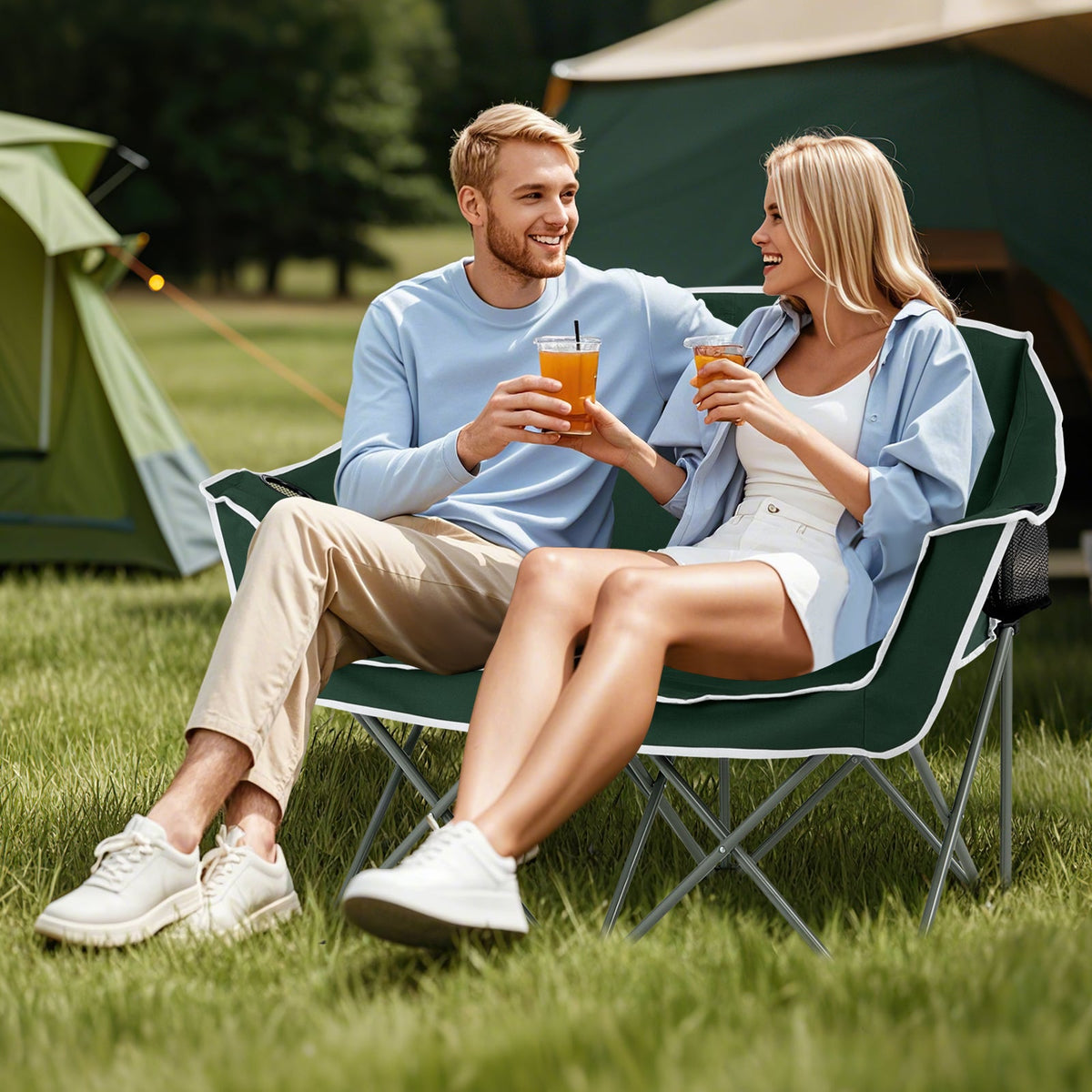 Duo Camping Chair Portable Oversized Loveseat with Armrests and Cup Holders-Green