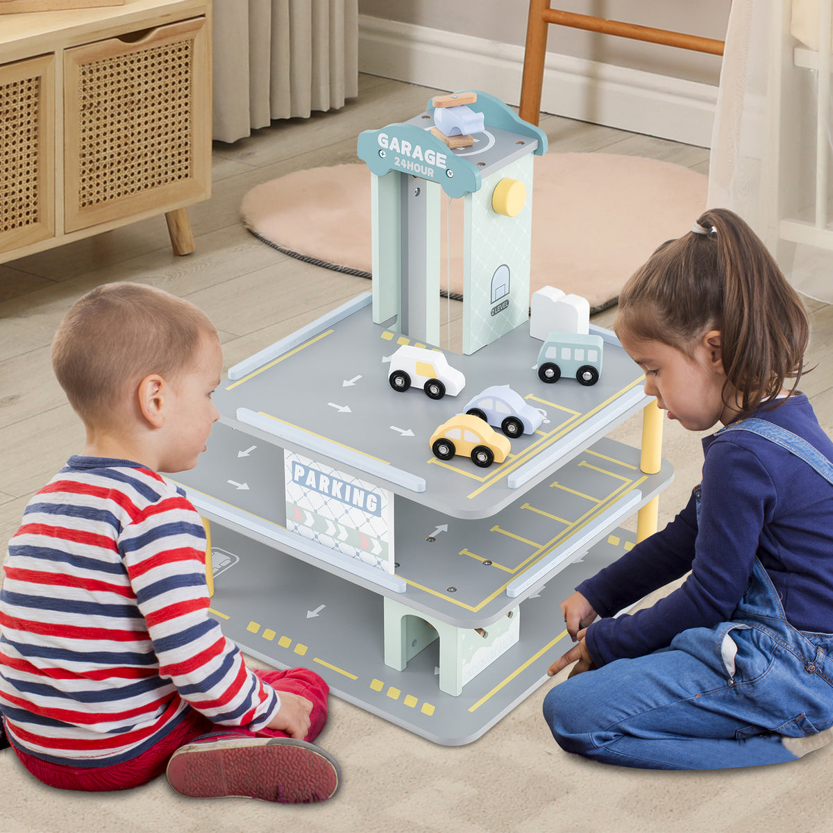 Parking Garage Playset with 4 Cars and Helicopter-Gray