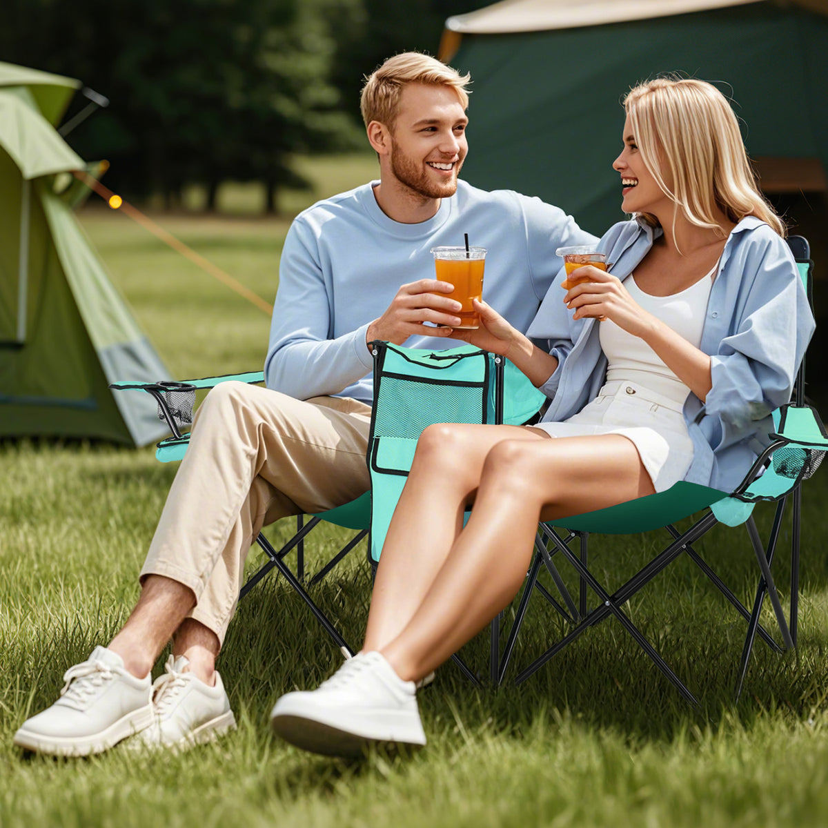 Portable Folding Picnic Double Chair With Removable Umbrella