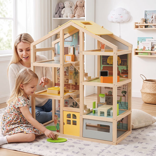 Wooden Dollhouse for Kids Modern Family Pretend Playhouse with Furniture Pieces and Figures