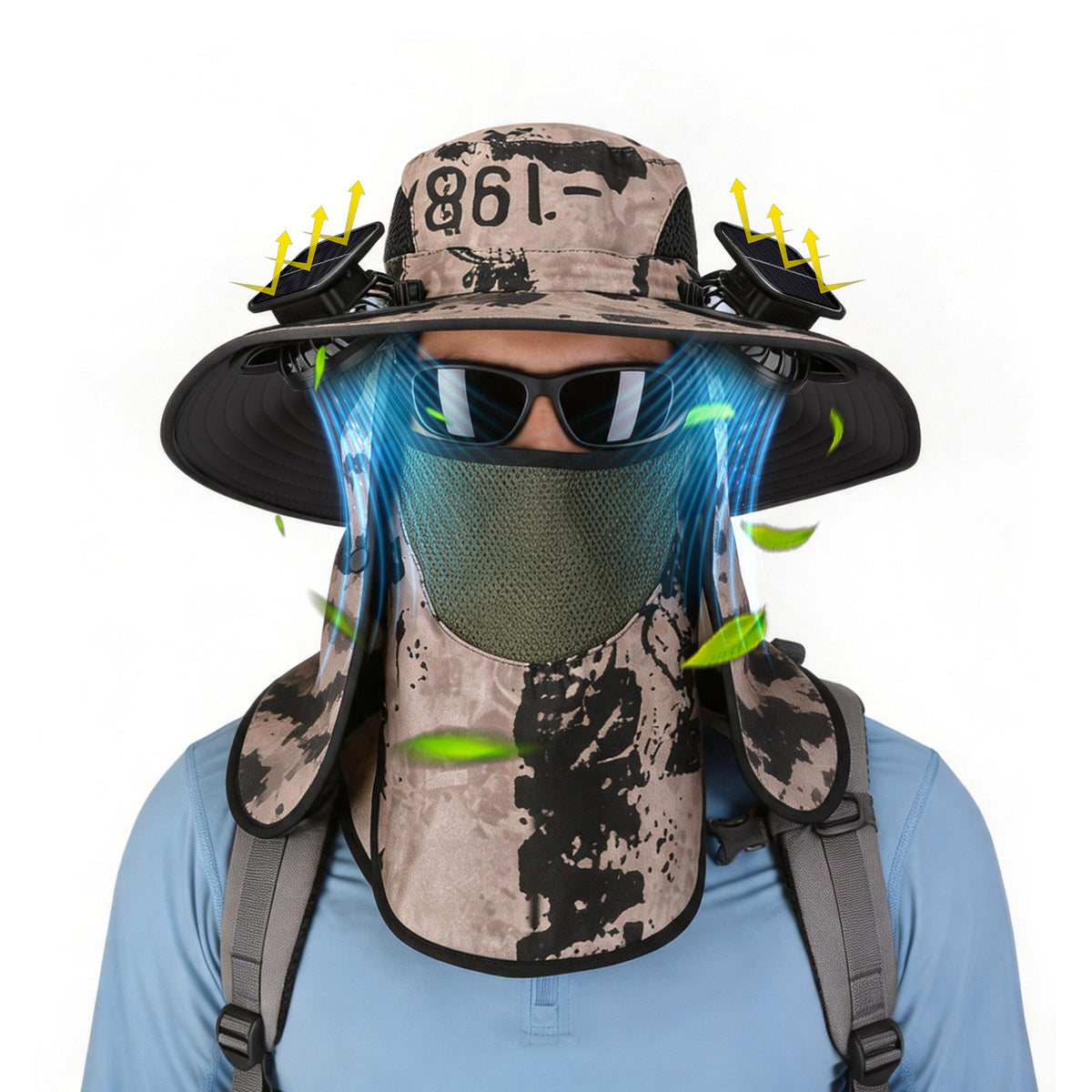 2 In 1 Solar Fan Hat UPF50+ Sun Hat With Fans Wide Brim Fishing Hat with Face Cover Neck Flap Solar USB Charging for Hik