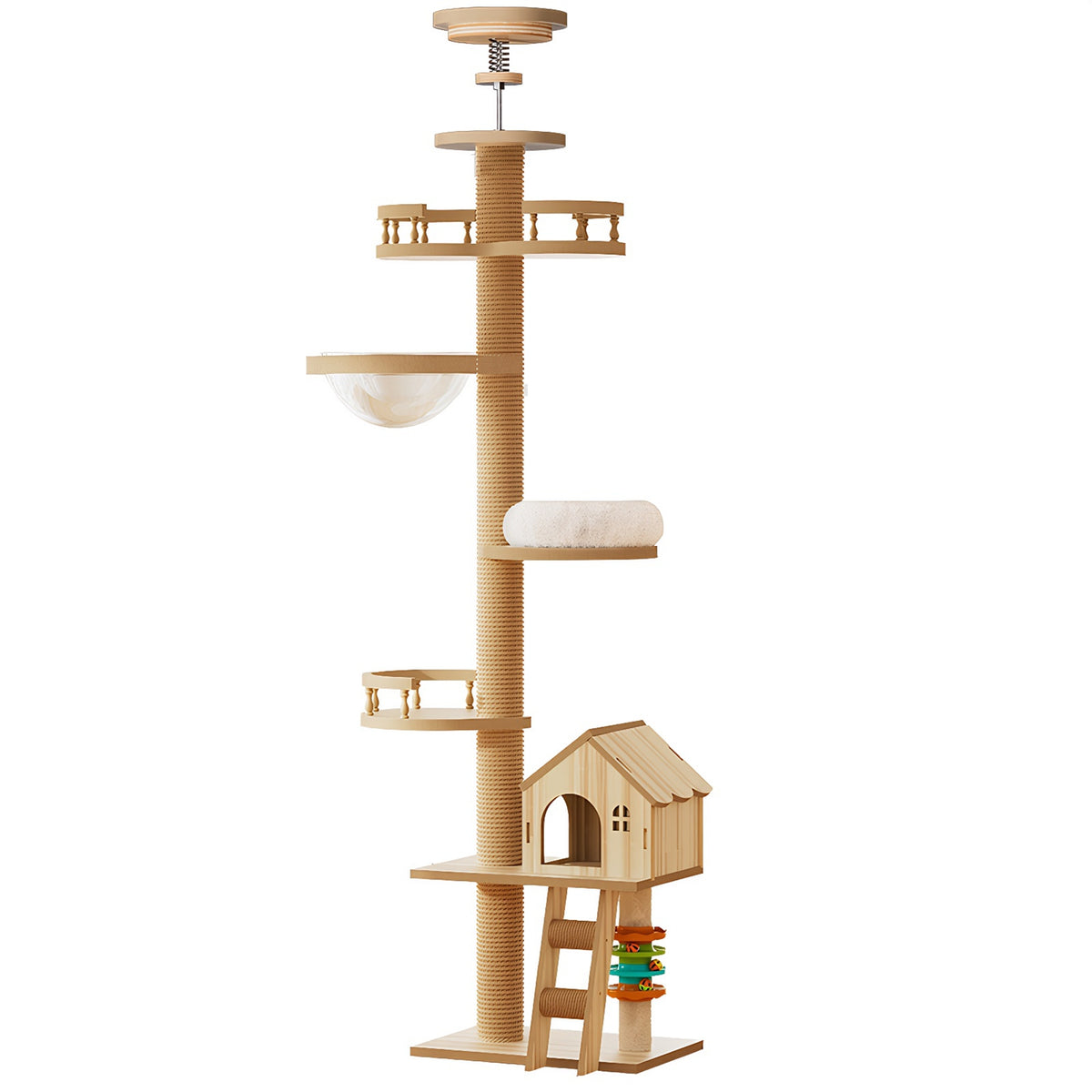 Floor to Ceiling Cat Tree, Adjustable Height Wooden Cat Tower with Cat Condo, Acrylic Hammock, Sisal Scratching Post & C