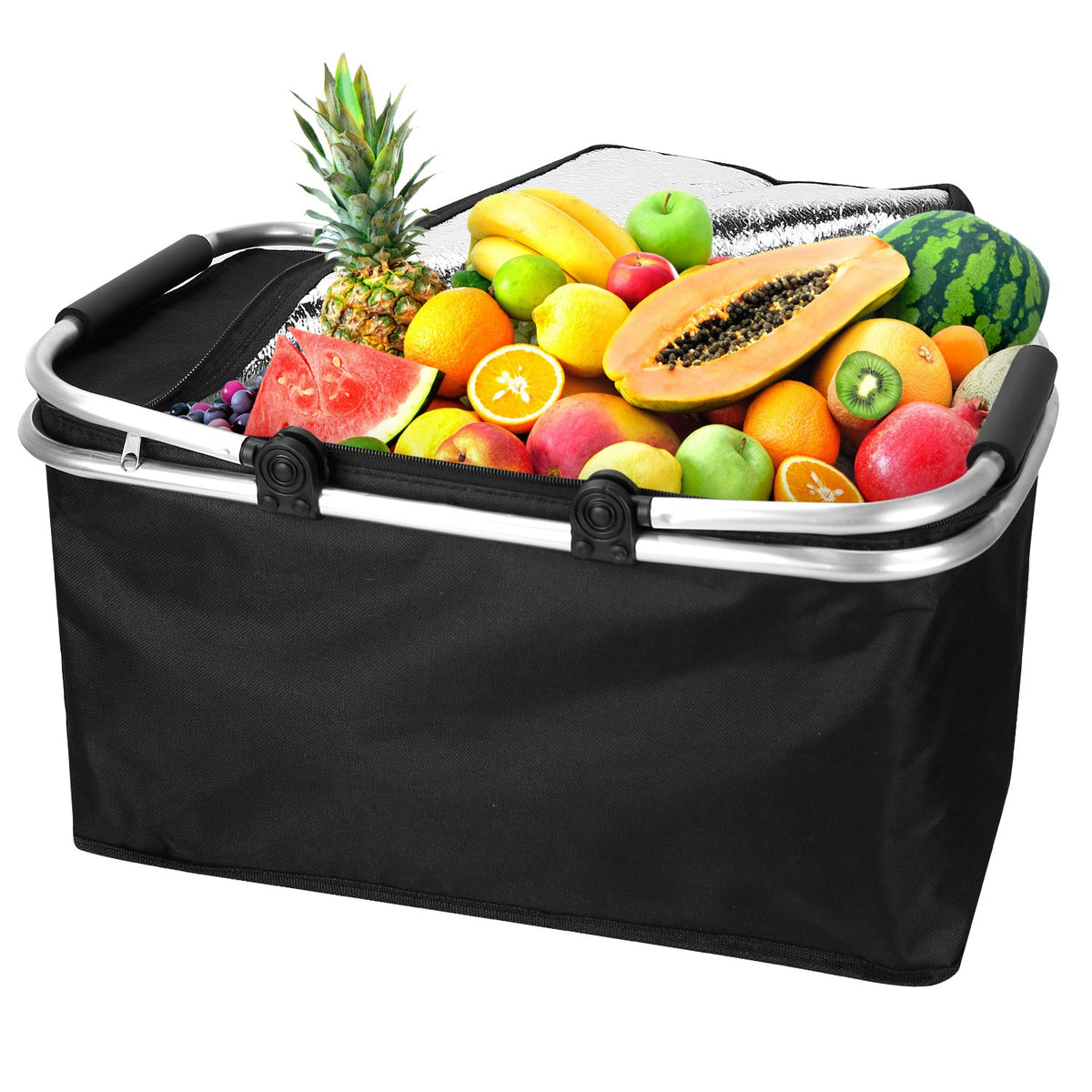 30L Insulated Picnic Basket Cooler Collapsible Food Delivery Storage Bag Grocery Market Basket Heat & Cool Insulation w/ Aluminum Handles