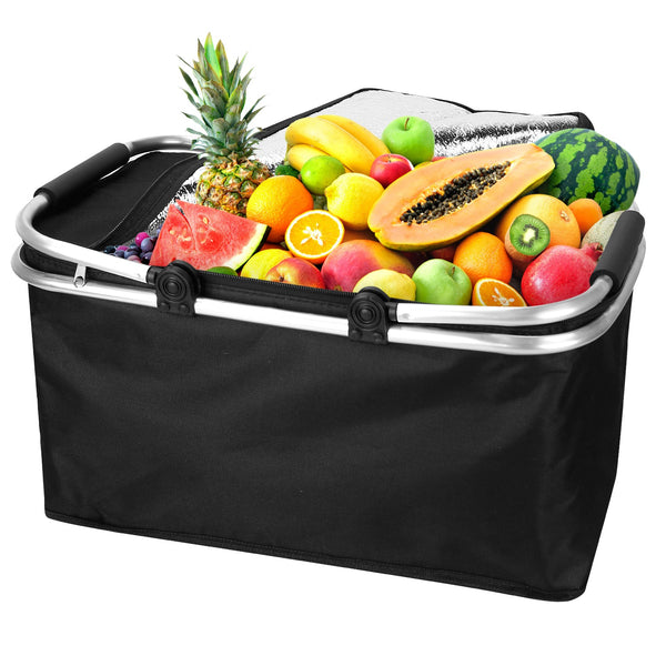30L Insulated Picnic Basket Cooler Collapsible Food Delivery Storage Bag Grocery Market Basket Heat & Cool Insulation w/ Aluminum Handles