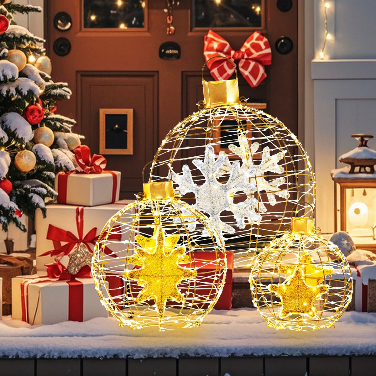 3 Pieces Pre-Lit Lantern Balls with 732 Bright LED Lights and Ground Stakes