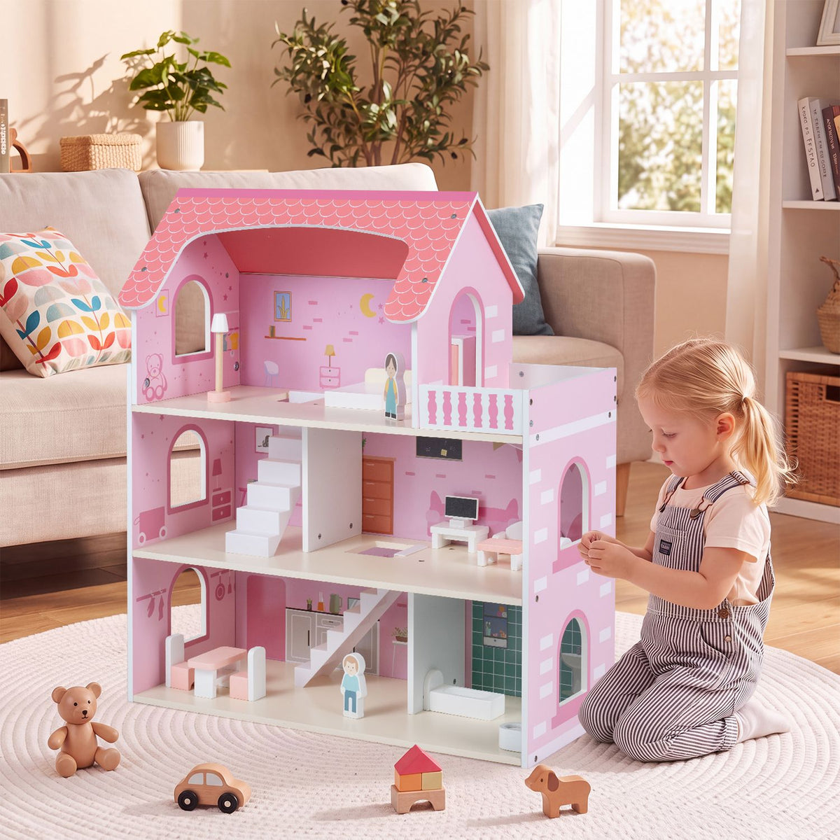 Kids Pretend Play Doll House Toy with 15 Accessories-Pink